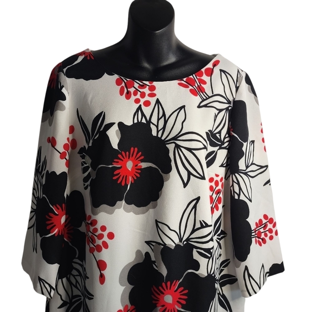 NINE WEST Women's Black & Red Floral Back Zip 3/4 Sleeve Sheath Dress Sz 14 - Picture 3 of 8